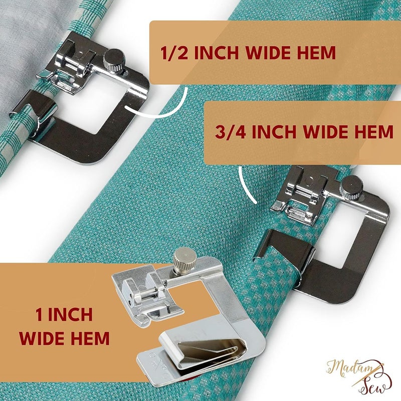 Madam Sew Rolled Hem Presser Foot Set â€“ 3 Piece Wide Hemming Foot Kit Includes 1/2â€, 3/4" & 1â€ Presser Feet â€“ Rolled Hem Foot Compatible with Most Models of Singer, Brother, Babylock, Euro-Pro, Janome - Image 3